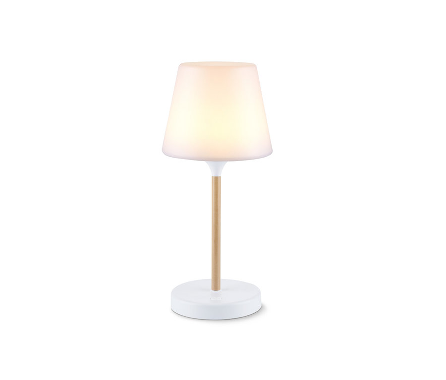 Eine LED-Akku-Tischleuchte in Holzoptik.
