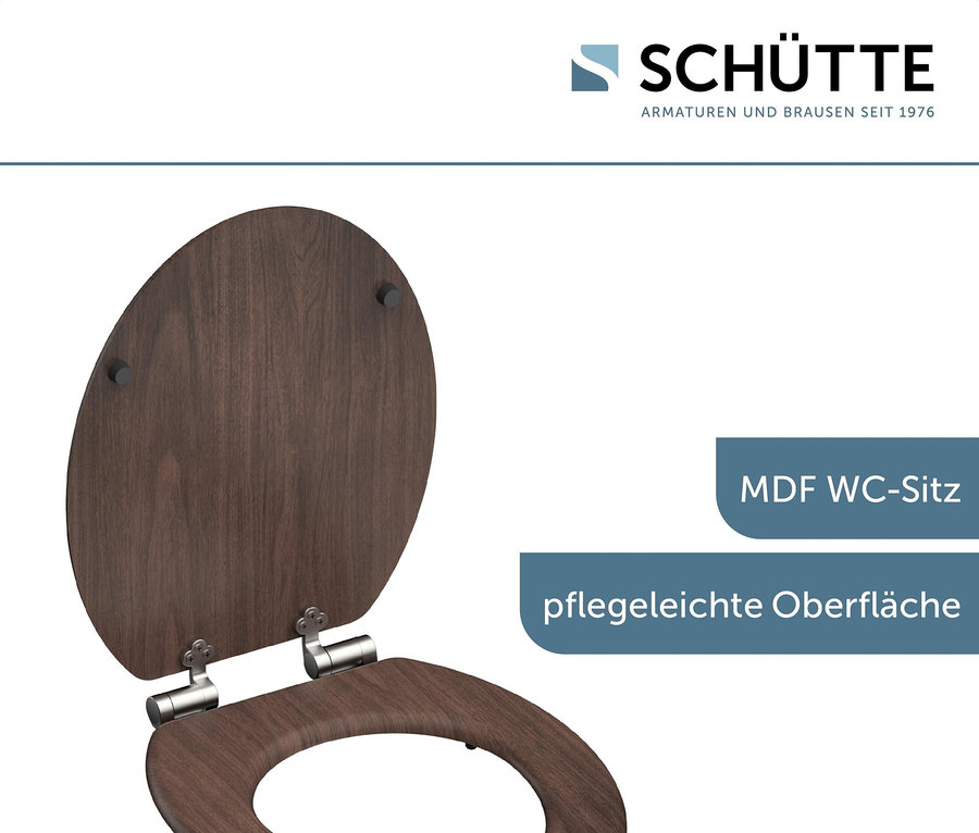 Geöffneter, brauner MDF WC-Sitz mit Chromscharnieren.