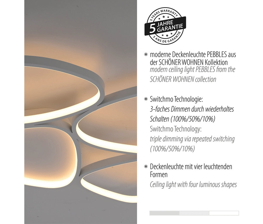 Nahaufnahme der SCHÖNER WOHNEN-Kollektion Deckenleuchte »Pebbles«, kurz, mit vier leuchtenden Formen.