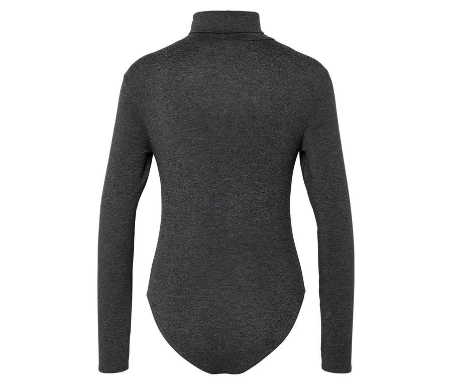 Detailansicht der Rückseite eines grauen Langarm-Rollkragen-Bodys auf weißem Hintergrund.