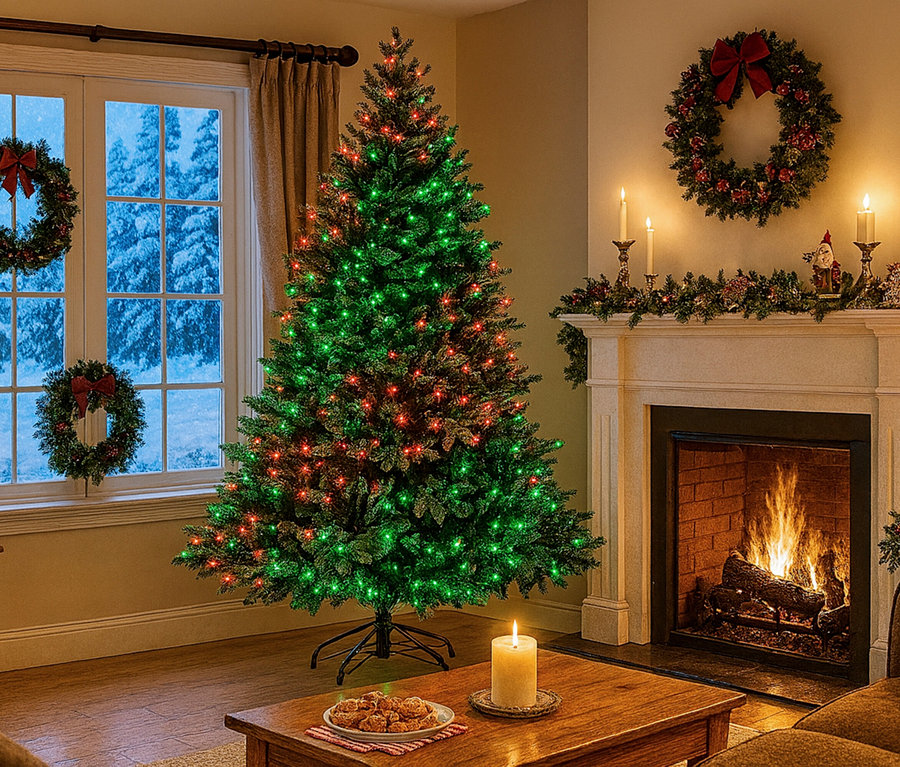 Wohnzimmer mit Weihnachtsbaum mit roten und grünen Lichtern, Kamin, Kränzen und einer brennenden Kerze auf dem Tisch.