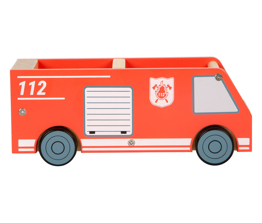 Rotes Spielzeug-Feuerwehrauto small foot Feuerwehrwache, groß, seitlich aufgenommen.