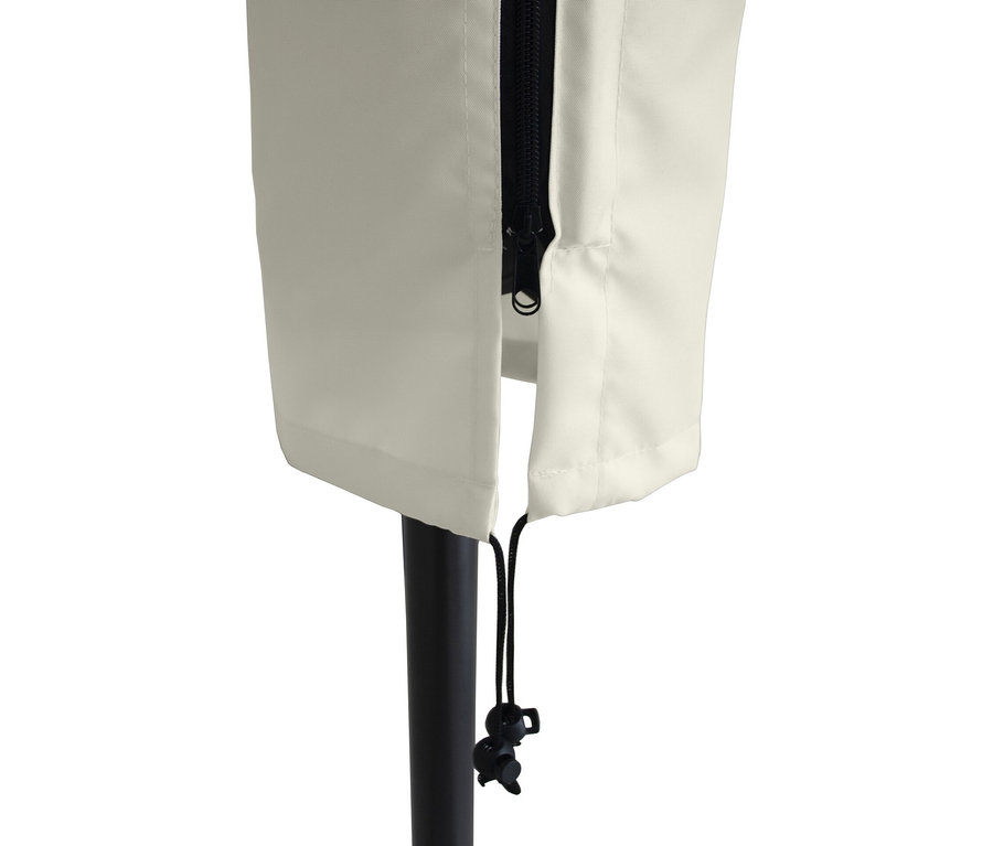 Detail einer grauen Leco Sonnenschirm Abdeckhaube mit Reißverschluss und Kordelzug.