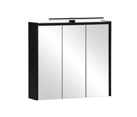 Geschlossener Badezimmer-Spiegelschrank »Emmik« in Mattschwarz mit drei Spiegeltüren und Beleuchtung oben.