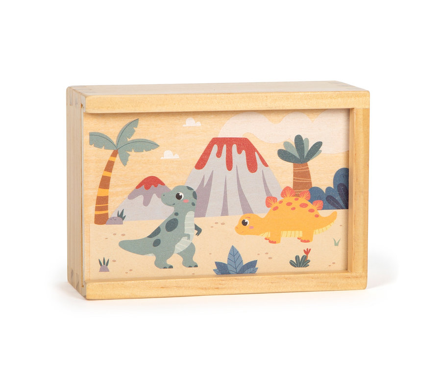 Illustration auf einer Holzkiste zeigt zwei Dinosaurier vor Vulkanen und Palmen, small foot Spiele-Set »Dino«.