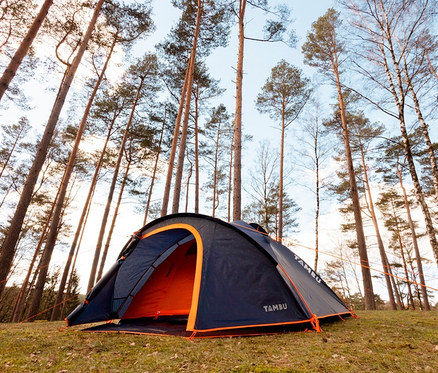 Blau-oranges Tambu 4-Personen-Kuppelzelt »HAIKA 4« steht auf einer Wiese im Wald.