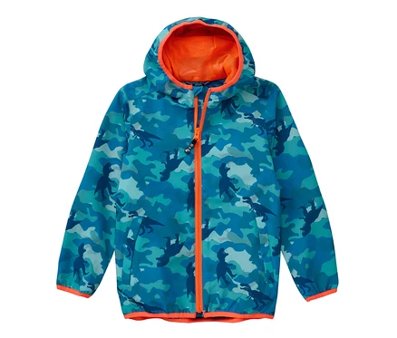 Blaue Softshelljacke mit Tarnmuster und Dinosauriern.