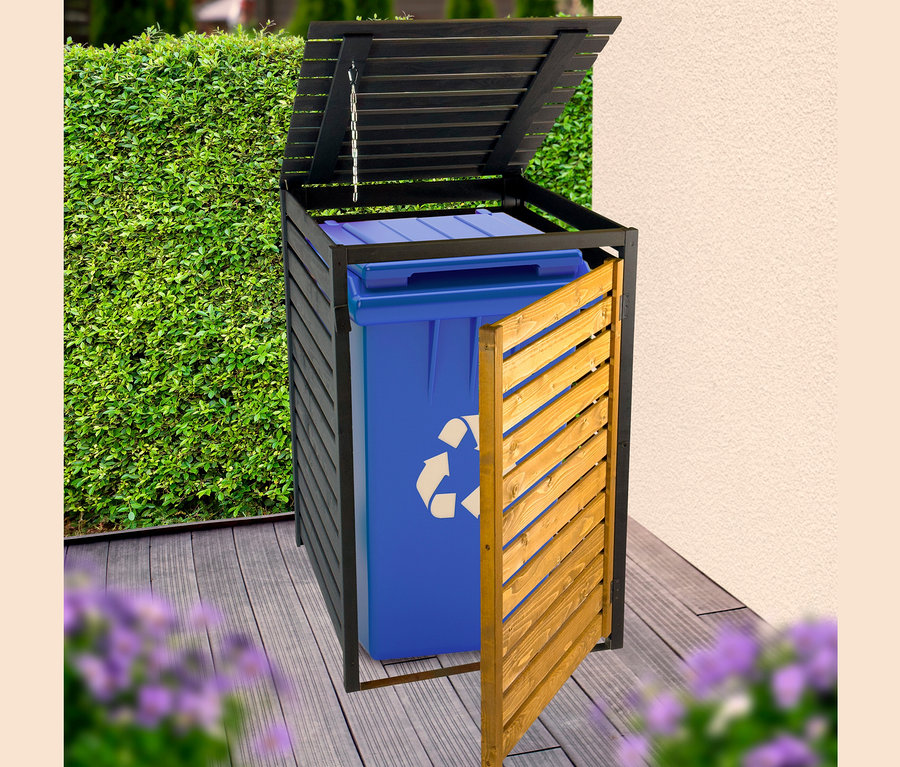 Braune Mülltonnenverkleidung, 240 l, mit geöffnetem Deckel und Tür, darin blaue Mülltonne mit Recycling-Symbol.