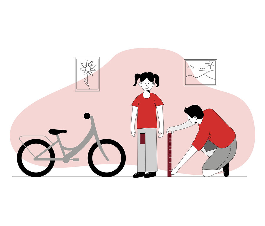 Mädchen steht neben mintgrünem PUKY Fahrrad LS-PRO 16, während Mann sie mit rotem Messgerät misst.