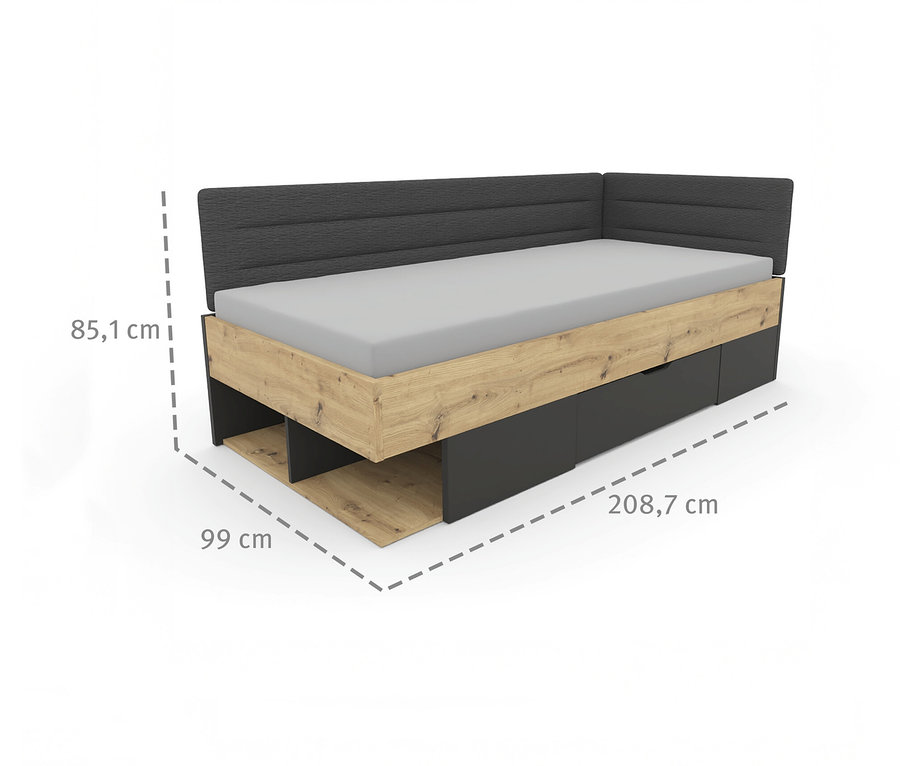 Das Roba Jugendbett »Marvin«, 90 x 200 cm, ist ein Einzelbett mit hellbraunem Holzrahmen, grauem Kopfteil und grauen Schubladen.