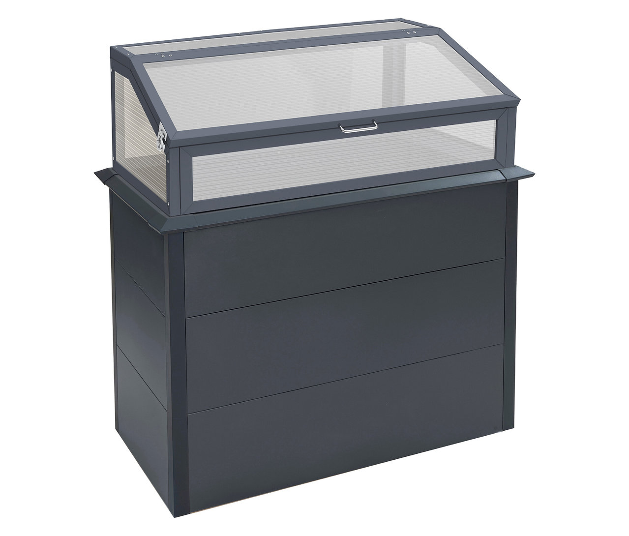 Anthrazitfarbener Hochbeet Schneckenschutz mit Frühbeetaufsatz auf einem Metall-Hochbeet mit Stauraum und Aufsatz.