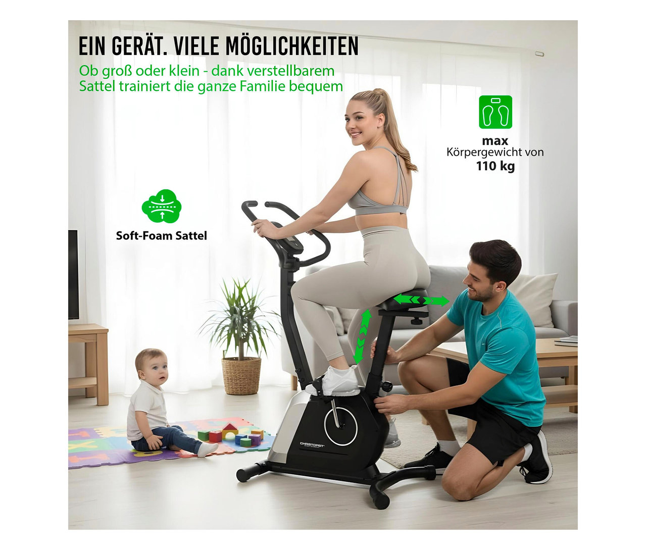 Frau benutzt Christopeit Heimtrainer »Active«, während ein Mann den Sattel einstellt und ein Kind zusieht.