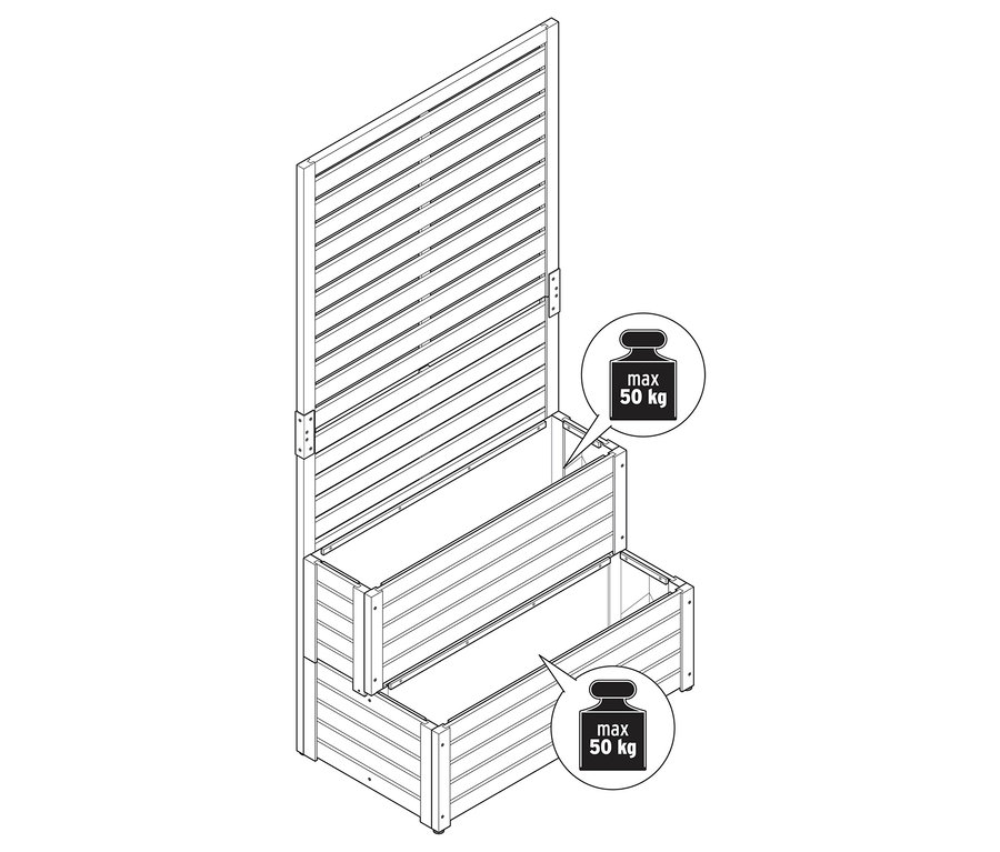 2-in-1-Sichtschutz-Pflanztreppe mit zwei Pflanzkästen und einem Sichtschutz aus horizontalen Lamellen.