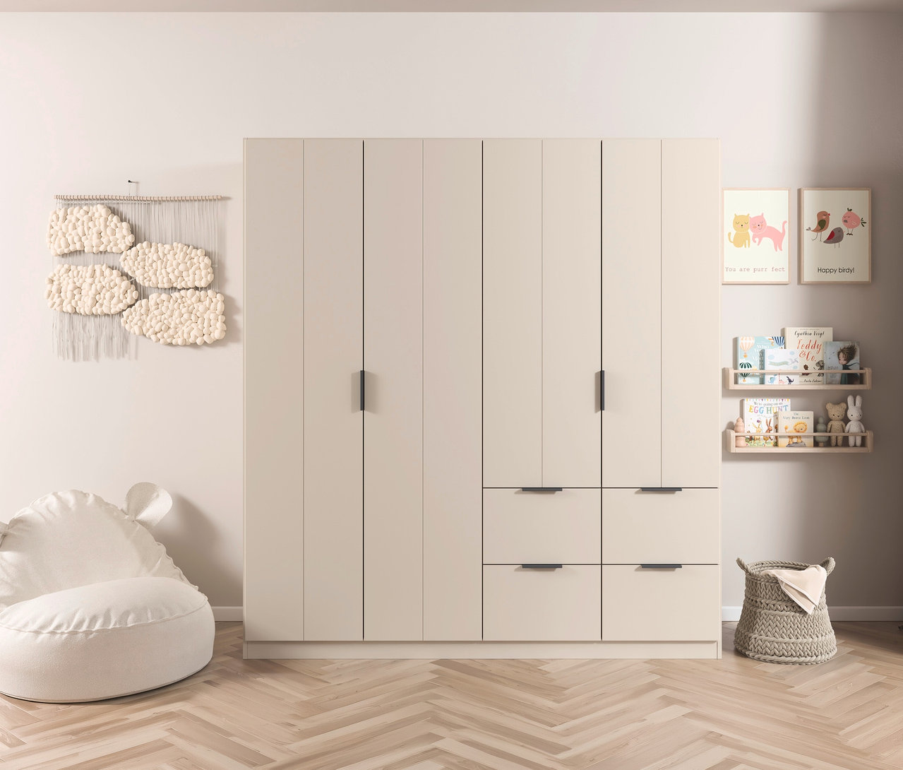 Beiger Kleiderschrank mit sechs Türen und sechs Schubladen neben einem weißen Sitzsack und Wanddeko.