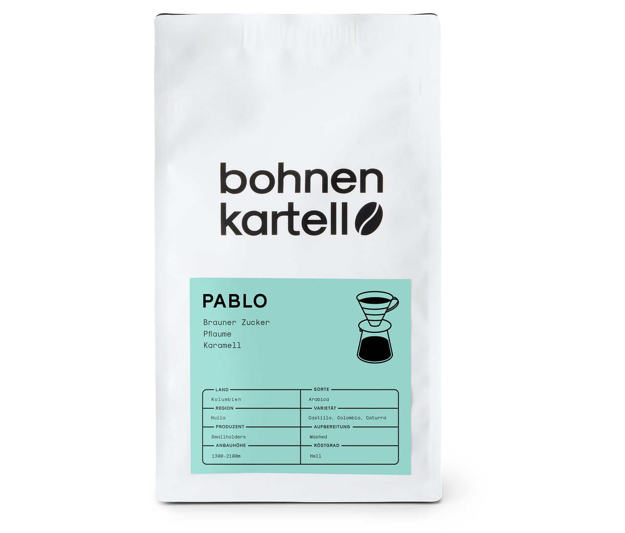 Weiße Packung bohnenkartell - Pablo Filterkaffee - 250 g Ganze Bohne mit Infos zu Karamell, Pflaume und braunem Zucker.