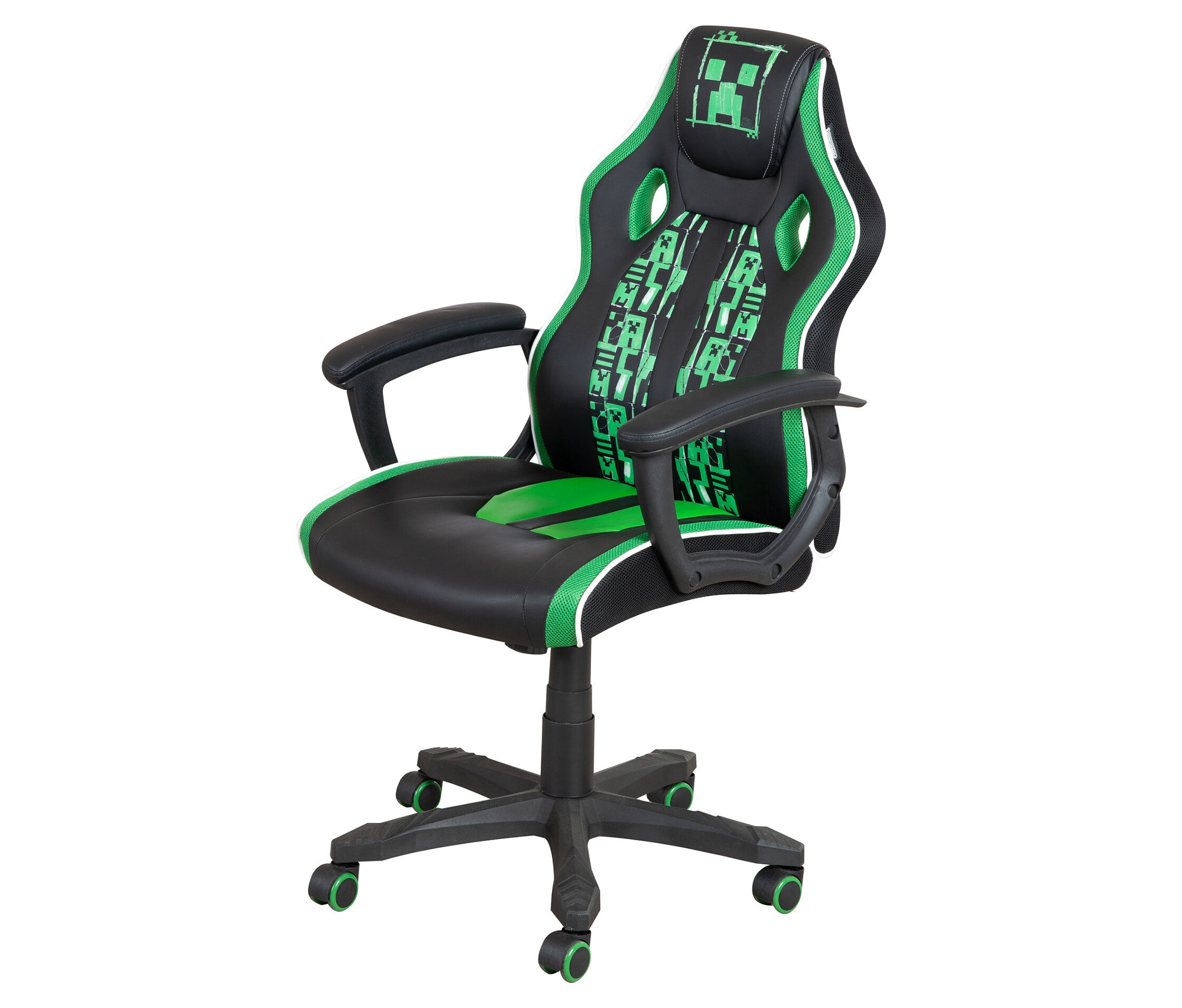 Ein schwarzer Gaming-Stuhl mit grünen Akzenten und einem Minecraft-Creeper-Design auf der Kopfstütze.