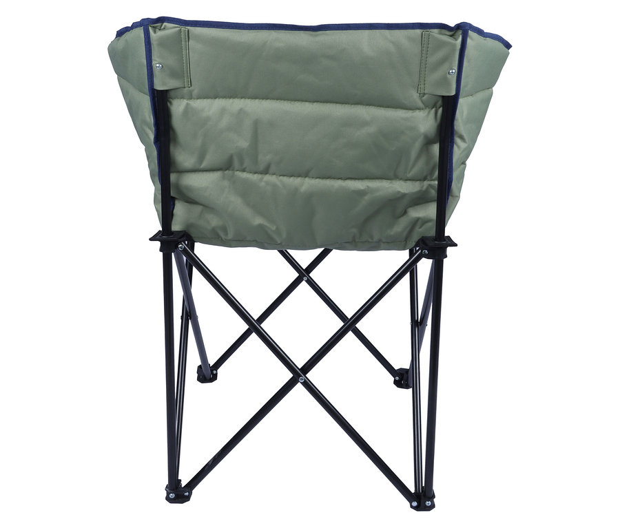 Rückansicht des grünen Tambu »ASANA« Camping-Faltstuhls mit schwarzem Gestell.