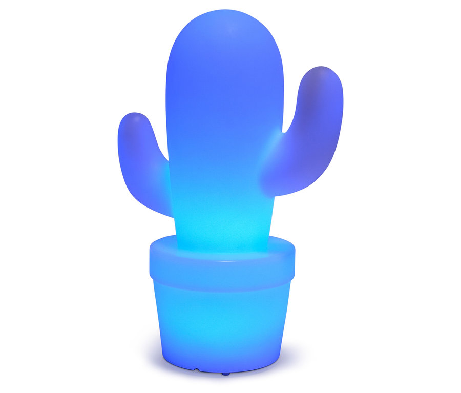 Ein blauer Kaktus leuchtet in einem blauen Blumentopf.