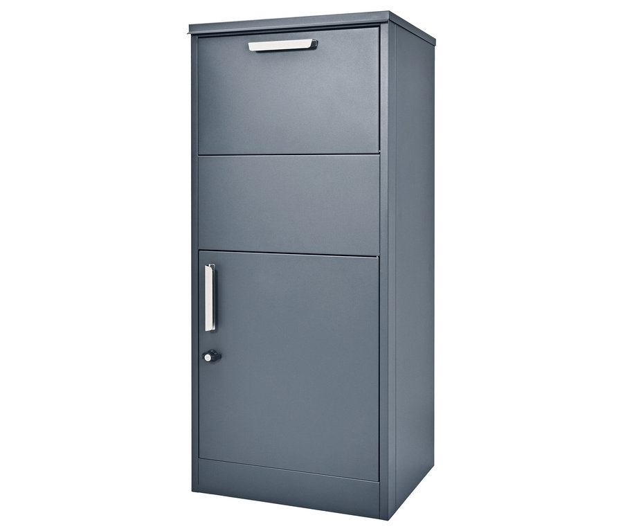 Graue Paketbox mit drei Fächern und Tür mit Griff und Schloss.