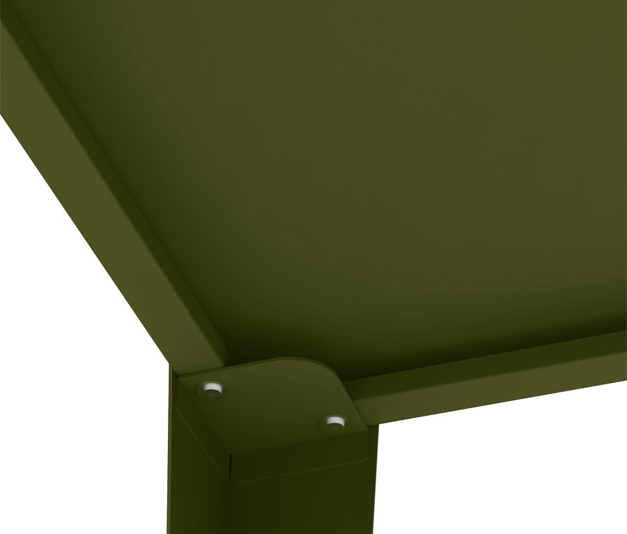 Nahaufnahme einer olivgrünen Tischplatte, die an einem Tischbein befestigt ist.