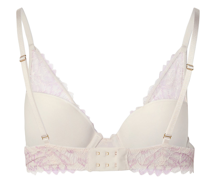 Nahaufnahme eines BHs in Weiß mit rosa Spitze, von hinten gesehen.