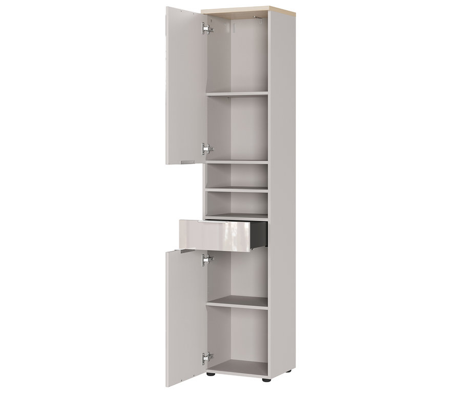 Offener, schmaler Badezimmerschrank in Grau mit hellem Holzdeckel, Schublade und Regalböden.