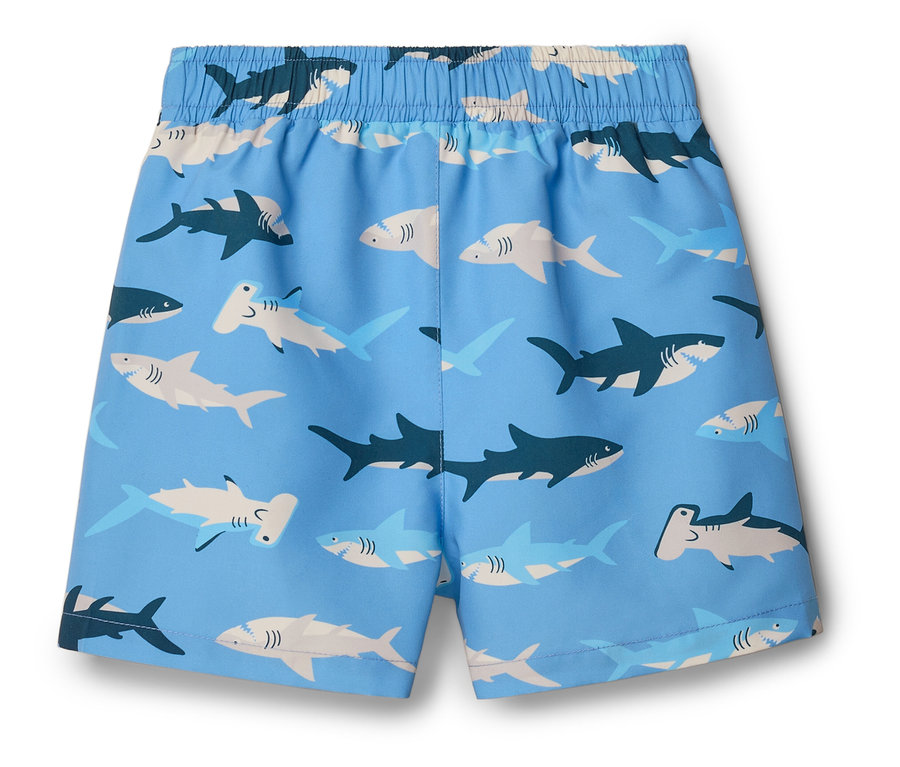 Badehose mit Haifischmuster auf blauem Grund.