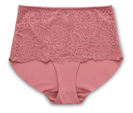 Pfirsichfarbener Damenslip mit hoher Taille und floraler Spitze.