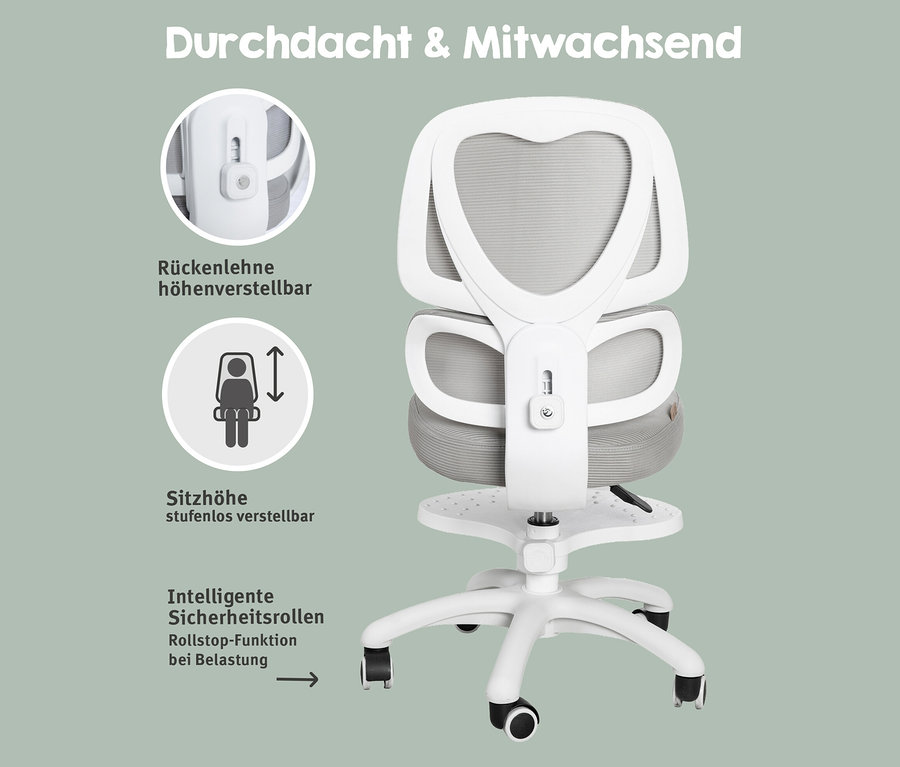 Rückansicht des weißen Roba Bürostuhls mit geteilter Rückenlehne und Fußbrett, der Rückenlehne und Sitzhöhe sind verstellbar.