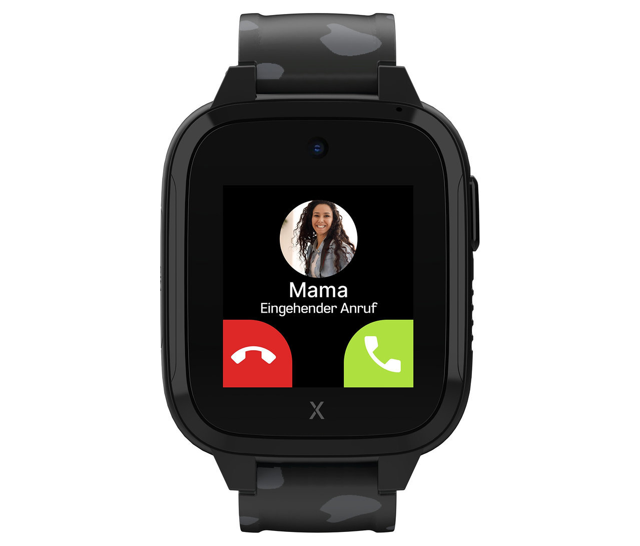 Nahaufnahme einer schwarzen Kids Watch Xplora XGO3 2nd Gen. mit dem Display, das einen eingehenden Anruf von "Mama" anzeigt.
