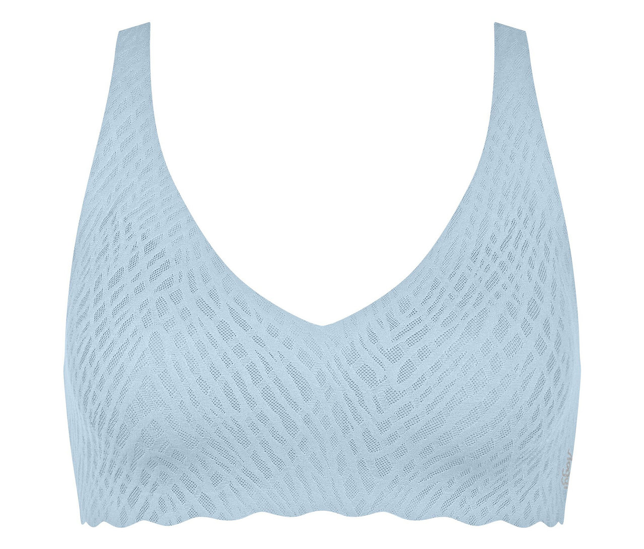 Hellblauer BH mit V-Ausschnitt und Muster.