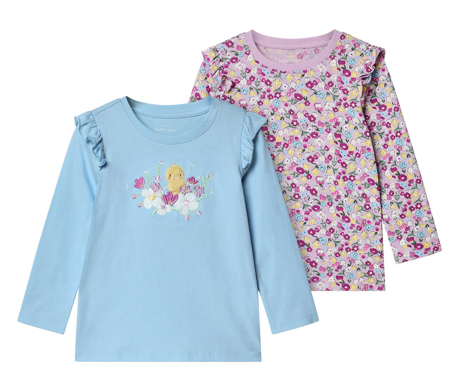 Zwei langärmlige Kinder T-Shirts, eins hellblau mit Küken und Blumen, eins lila mit Blumenmuster.