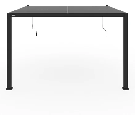 Schwarze Pergola mit Lamellendach auf weißem Hintergrund.