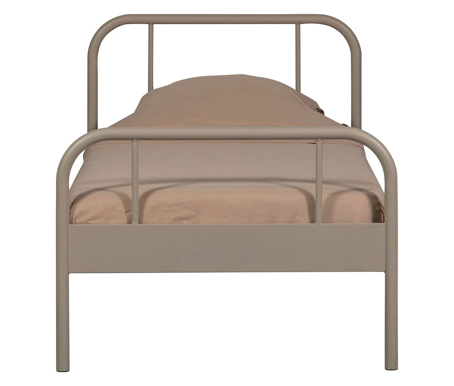 Graues WOOOD Metall-Einzelbett »Mata«, 90 x 200 cm mit hellbrauner Bettwäsche.