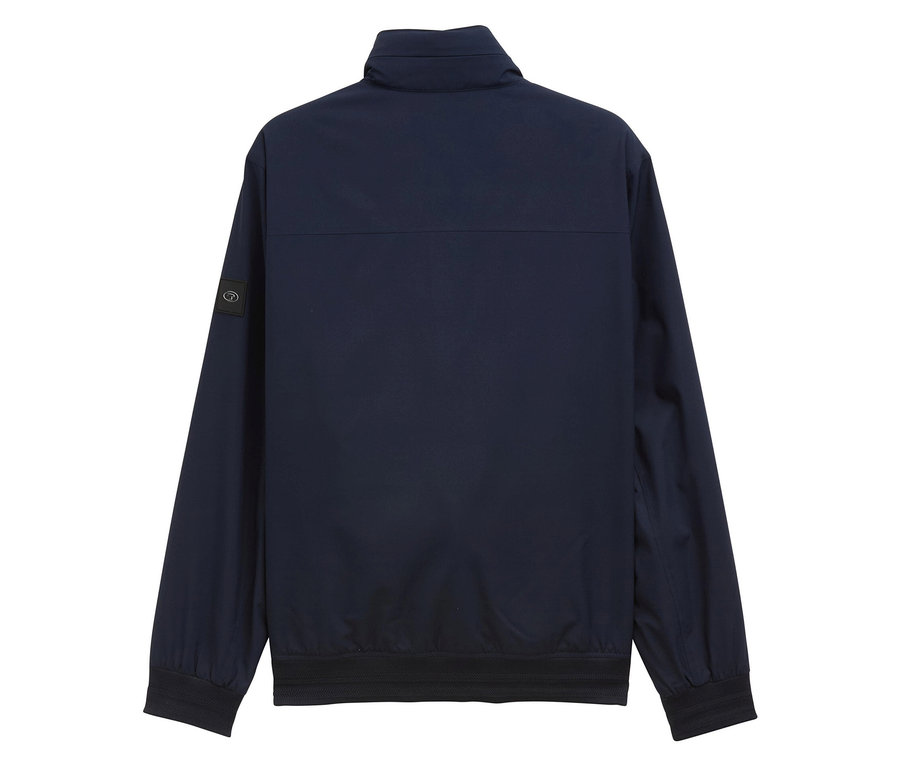 Dunkelblaue Jacke mit Reißverschluss und Stehkragen, Rückansicht.