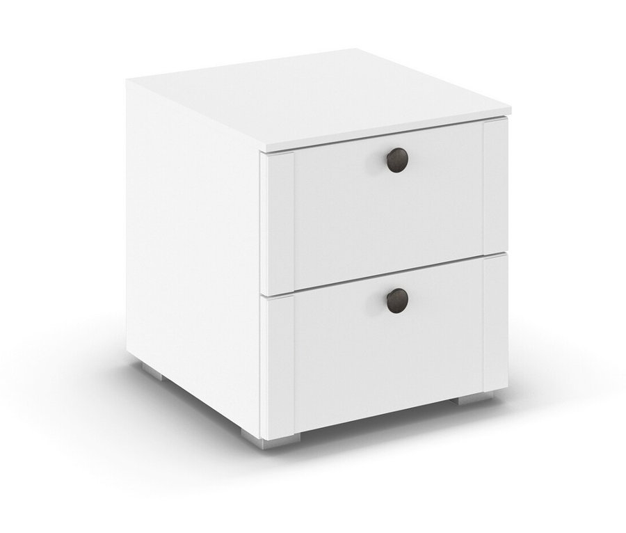 Weißer Nachttisch mit zwei Schubladen und runden, dunklen Griffen.