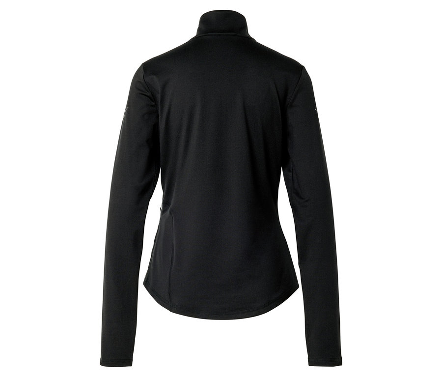 Rückansicht einer schwarzen, langärmeligen Sportjacke mit Stehkragen.