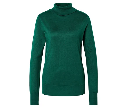 Grüner Rollkragenpullover mit langen Ärmeln, auf weißem Hintergrund liegend.