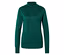 Grüner Rollkragenpullover mit langen Ärmeln, auf weißem Hintergrund liegend.