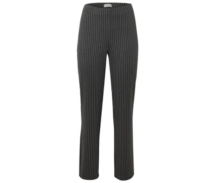 Graue, hochtaillierte Hose mit dünnen, vertikalen Streifen.
