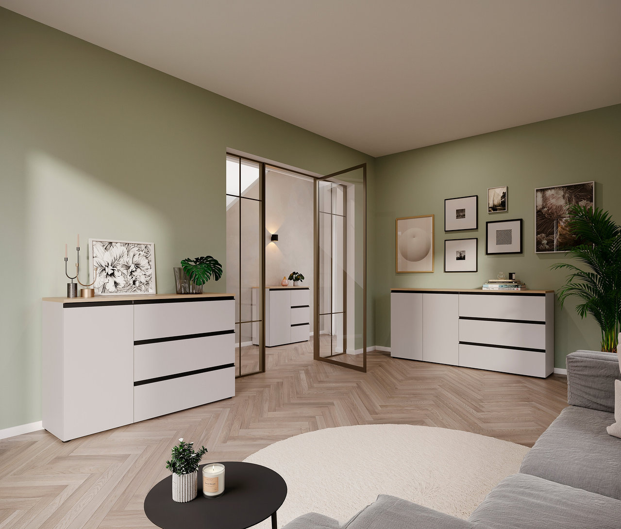 Wohnzimmer mit Kommode »Cormano«, groß, in Weiß mit drei Schubladen und Holzplatte. Eine weitere Kommode steht im Hintergrund.