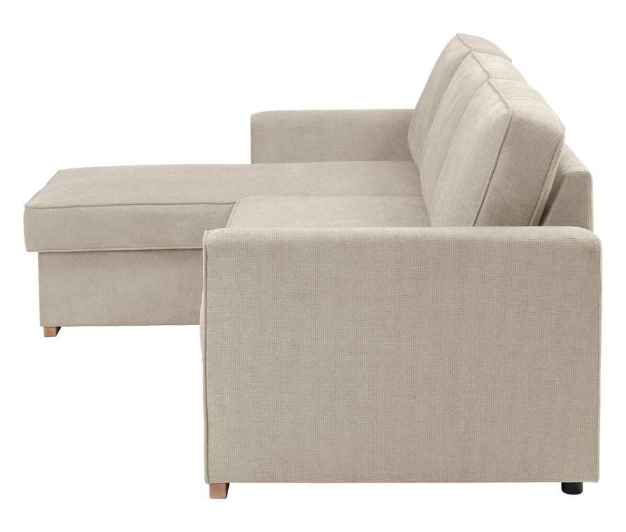 Beiges Ecksofa mit Ottomane auf Holzboden.