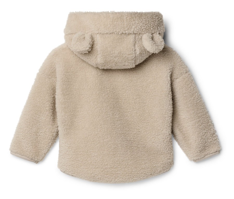 Rückansicht einer hellbraunen Teddyjacke mit Kapuze und Ohren.