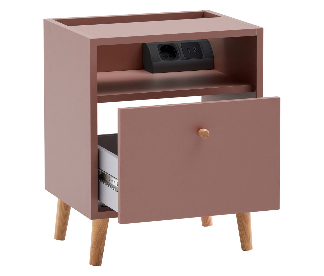 Nachttisch »Bjarne« mit Ladefunktion, mauvefarben und teilweise geöffneter Schublade.
