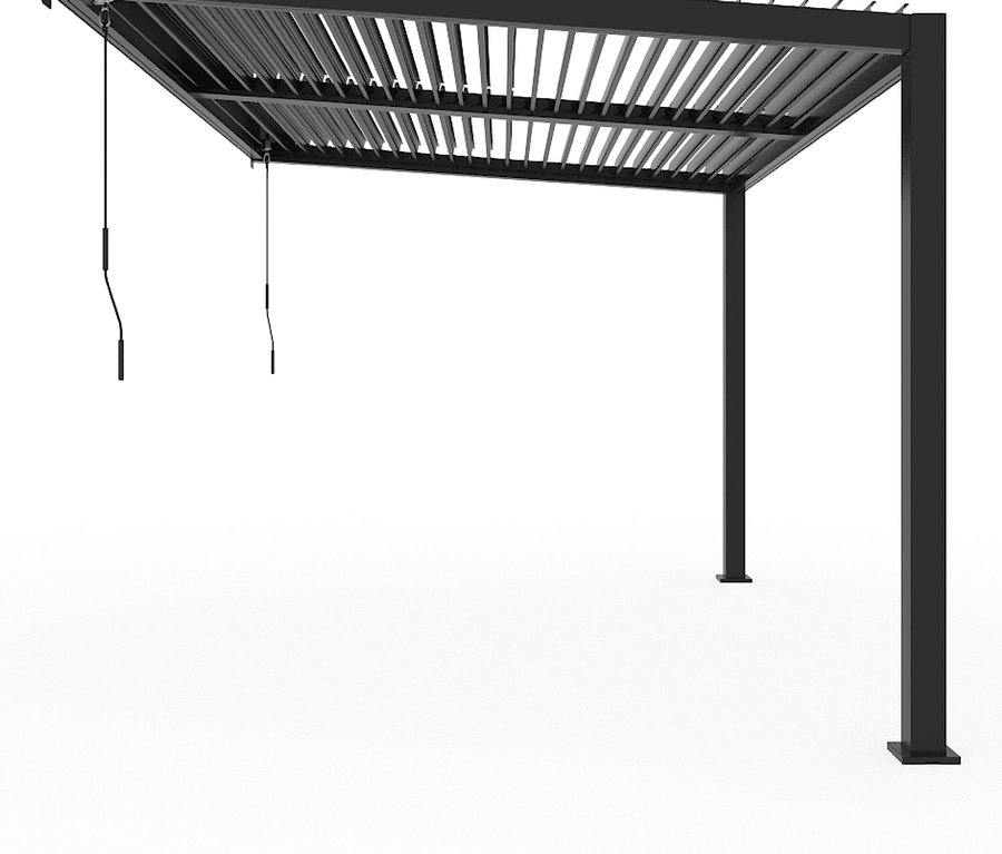 Schwarze Pergola mit Lamellendach und zwei Zugschnüren auf weißem Hintergrund.