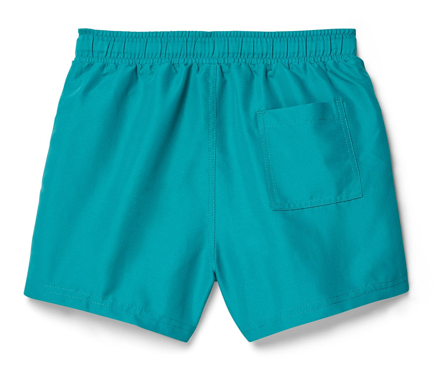 Türkisblaue Badehose mit elastischem Bund und einer aufgesetzten Tasche hinten.