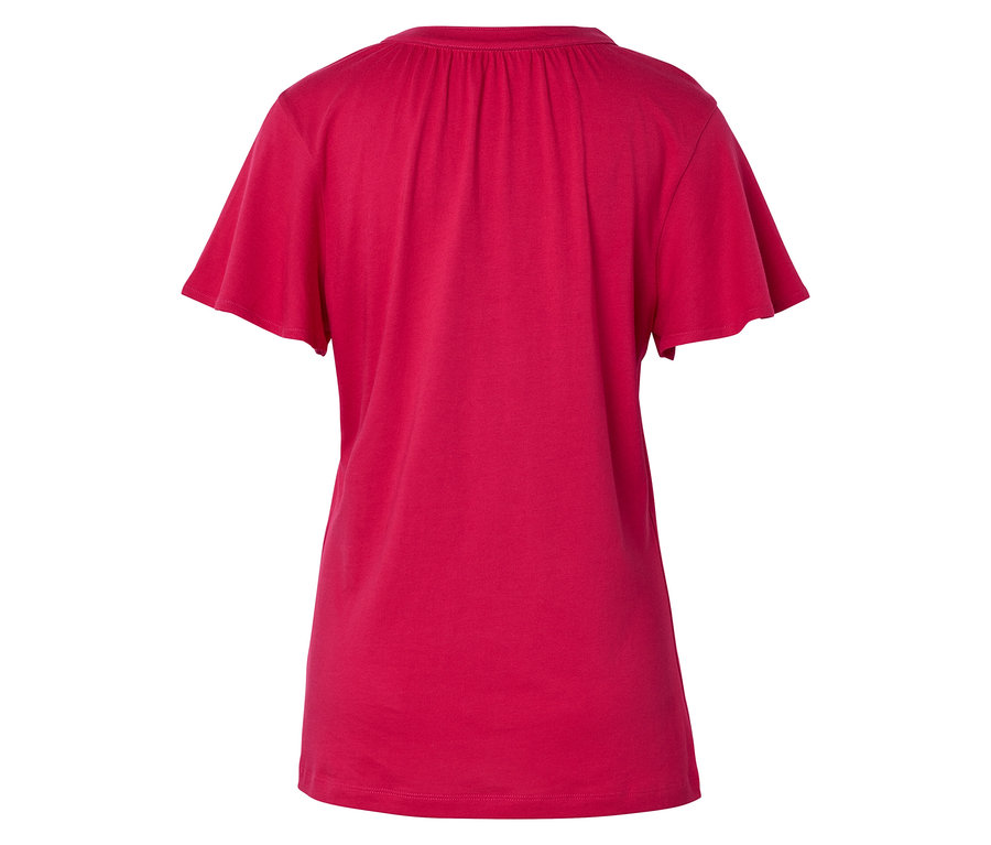 Rückansicht eines pinkfarbenen T-Shirts mit kurzen Ärmeln.