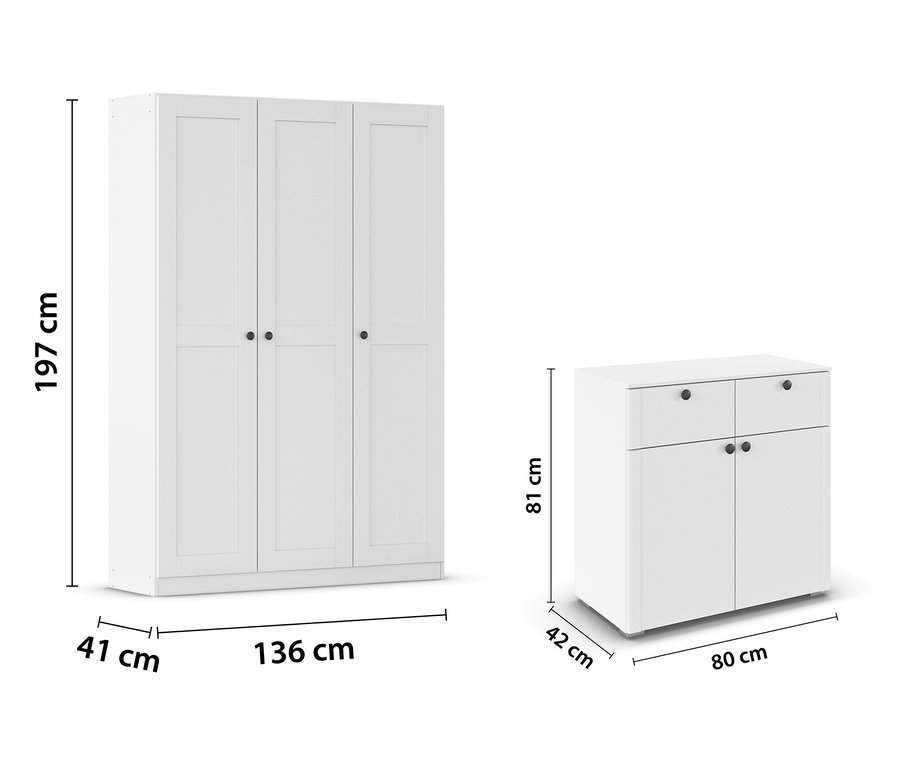 Abbildung eines weißen Kleiderschranks mit drei Türen und einer weißen Kommode mit zwei Schubladen und zwei Türen, jeweils mit Maßangaben.