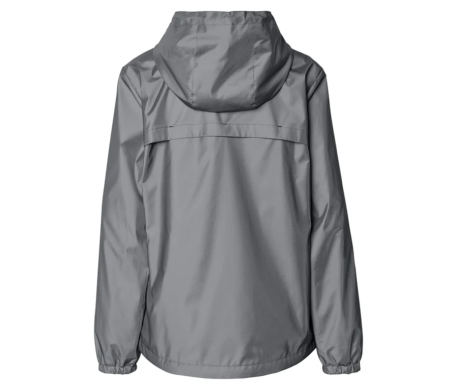 Rückansicht einer grauen Regenjacke mit Kapuze und elastischen Bündchen.