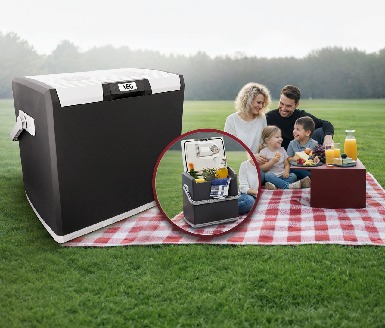 Eine schwarze und weiße AEG Kühlbox »KK 28« steht auf grünem Gras. Im Hintergrund picknickt eine vierköpfige Familie auf einer rot-weiß karierten Decke. Ein Einsatz zeigt die geöffnete Kühlbox mit Flasche, Ananas und blauem Tuch.